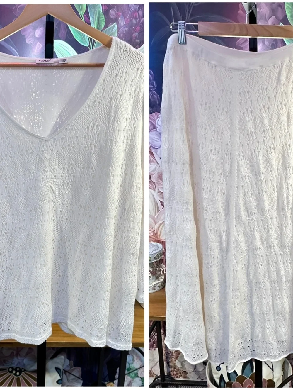 Cato Woman 26/28W Stretch Lined Sweater Knit Skirt Set Crochet Pattern Ivory